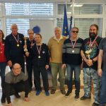 Podelitev pokalov ekipam - Liga ZDSSS v steznem kegljanju 2025-2026, Okroglo; Od leve proti desni: Ekipa MDSS MS, ekipa MDSS KR in ekipa MDSS LJ (Mitja Osolnik, Sašo Kajtna in Igor Žagar